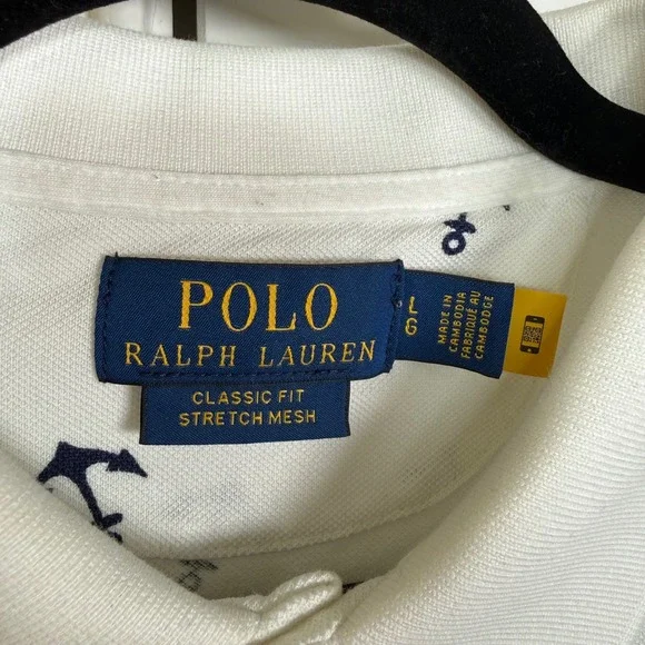 Polo Ralph Lauren Polo Shirt Mens Large White Anchor Print Classic Fit Stretch - Picture 5 of 7